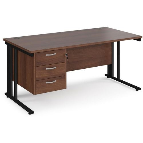 Rectangular Straight Desk Walnut Wood Cable Managed Legs Black Maestro 25 1600 x 800 x 725mm 3 Drawer Pedestal