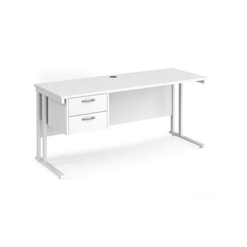 Rectangular Straight Desk with Cantilever Legs White Wood White Maestro 25 1600 x 600 x 725mm 2 Drawer Pedestal