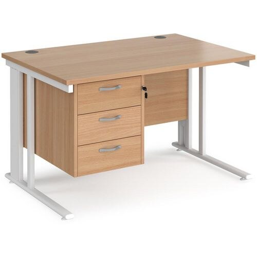 Rectangular Straight Desk Beech Wood Cable Managed Legs White Maestro 25 1200 x 800 x 725mm 3 Drawer Pedestal