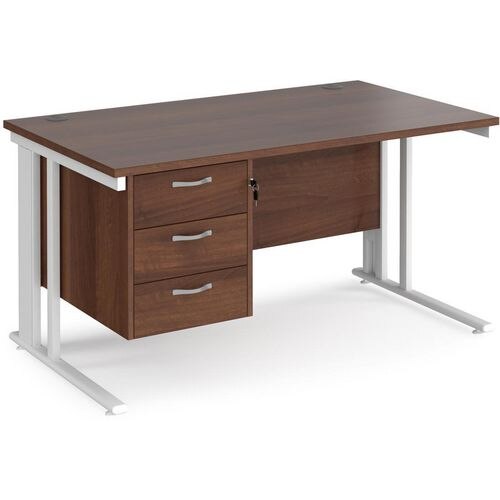 Rectangular Straight Desk Walnut Wood Cable Managed Legs White Maestro 25 1400 x 800 x 725mm 3 Drawer Pedestal