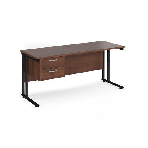 Rectangular Straight Desk with 2 Drawer Pedestal Walnut Wood Cantilever Legs Black Maestro 25 1600 x 600 x 725mm