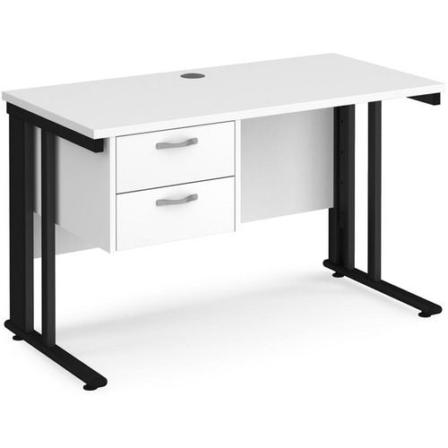 Rectangular Straight Desk White Wood Cable Managed Legs Black Maestro 25 1200 x 600 x 725mm 2 Drawer Pedestal