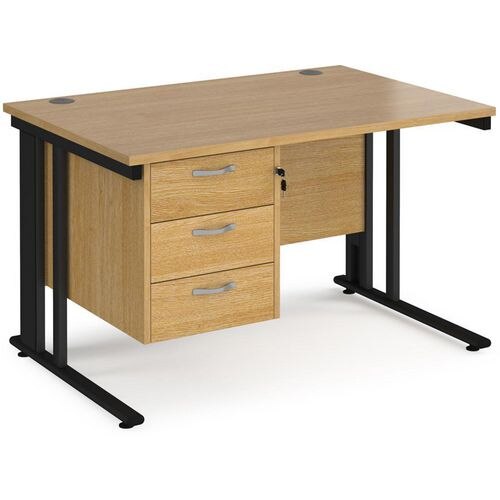 Rectangular Straight Desk Oak Wood Cable Managed Legs Black Maestro 25 1200 x 800 x 725mm 3 Drawer Pedestal