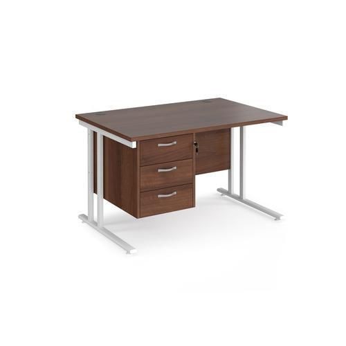 Rectangular Straight Desk with 3 Drawer Pedestal Walnut Wood Cantilever Legs White Maestro 25 1200 x 800 x 725mm