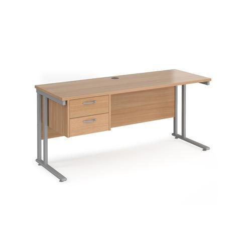 Rectangular Straight Desk with 2 Drawer Pedestal Beech Wood Cantilever Legs Silver Maestro 25 1600 x 600 x 725mm