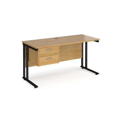 Rectangular Straight Desk with Cantilever Legs Oak Wood Black Maestro 25 1400 x 600 x 725mm 2 Drawer Pedestal