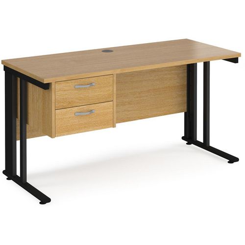 Rectangular Straight Desk Oak Wood Cable Managed Legs Black Maestro 25 1400 x 600 x 725mm 2 Drawer Pedestal