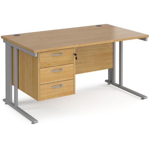 Rectangular Straight Desk Oak Wood Cantilever Legs Silver Maestro 25 1400 x 800 x 725mm 3 Drawer Pedestal