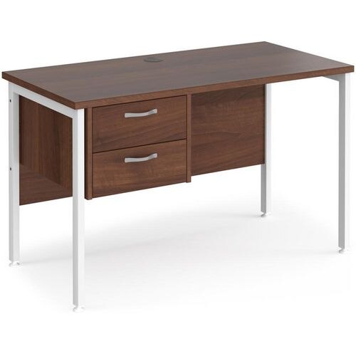 Rectangular Straight Desk Walnut Wood H-Frame Legs White Maestro 25 1200 x 600 x 725mm 2 Drawer Pedestal