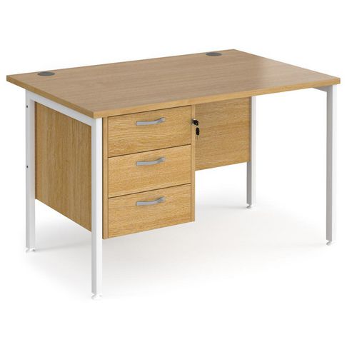 Rectangular Straight Desk Oak Wood H-Frame Legs White Maestro 25 1200 x 800 x 725mm 3 Drawer Pedestal