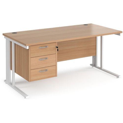 Rectangular Straight Desk Beech Wood Cable Managed Legs White Maestro 25 1600 x 800 x 725mm 3 Drawer Pedestal