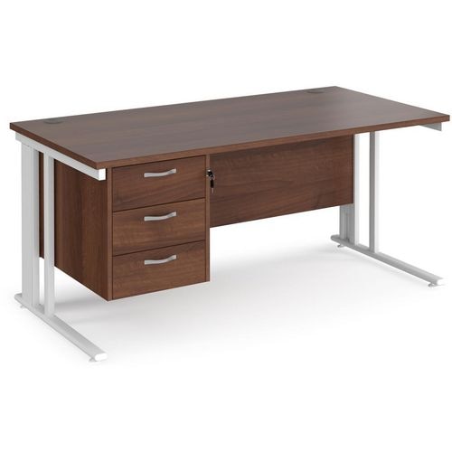 Rectangular Straight Desk Walnut Wood Cable Managed Legs White Maestro 25 1600 x 800 x 725mm 3 Drawer Pedestal