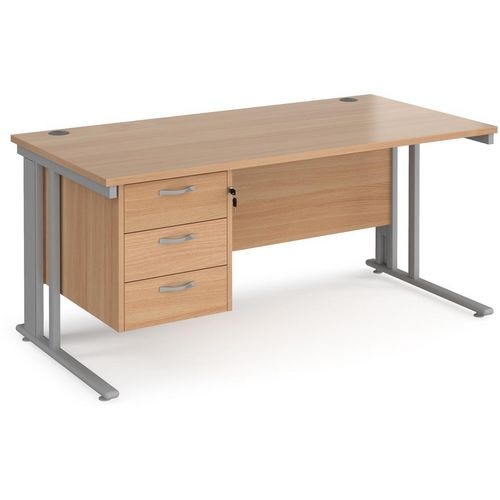 Rectangular Straight Desk Beech Wood Cantilever Legs Silver Maestro 25 1600 x 800 x 725mm 3 Drawer Pedestal