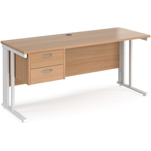 Rectangular Straight Desk Beech Wood Cable Managed Legs White Maestro 25 1600 x 600 x 725mm 2 Drawer Pedestal