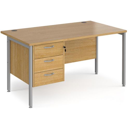 Rectangular Straight Desk Oak Wood H-Frame Legs Silver Maestro 25 1400 x 800 x 725mm 3 Drawer Pedestal