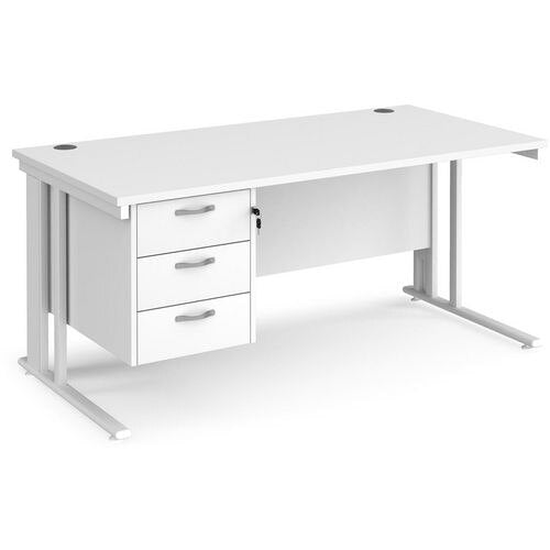 Rectangular Straight Desk White Wood Cable Managed Legs White Maestro 25 1600 x 800 x 725mm 3 Drawer Pedestal