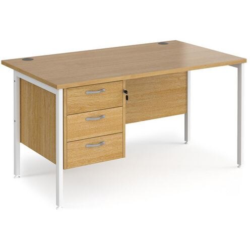 Rectangular Straight Desk Oak Wood H-Frame Legs White Maestro 25 1400 x 800 x 725mm 3 Drawer Pedestal