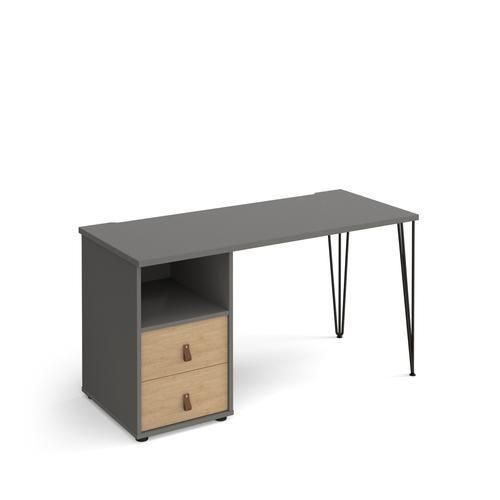 Rectangular Hairpin Desk Onyx Grey, Kendal Oak Drawers Wood/Metal Hairpin Legs Black Tikal 1400 x 600 x 730mm