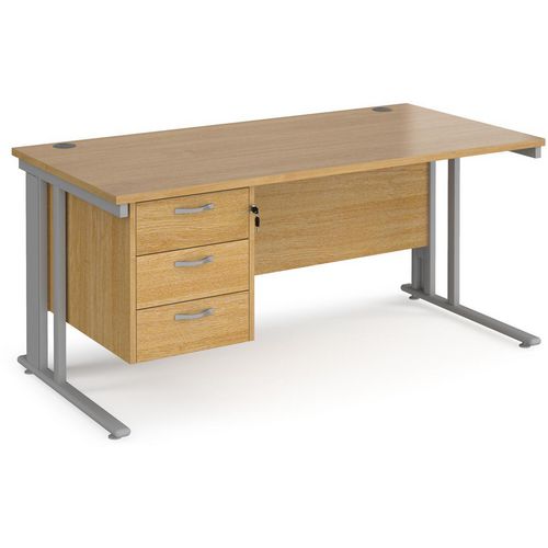 Rectangular Straight Desk Oak Wood Cantilever Legs Silver Maestro 25 1600 x 800 x 725mm 3 Drawer Pedestal