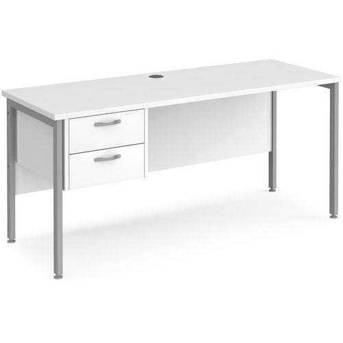 Rectangular Straight Desk White Wood H-Frame Legs Silver Maestro 25 1600 x 600 x 725mm 2 Drawer Pedestal