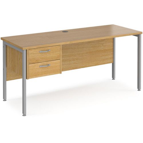 Rectangular Straight Desk Oak Wood H-Frame Legs Silver Maestro 25 1600 x 600 x 725mm 2 Drawer Pedestal