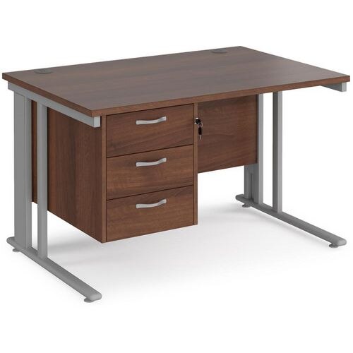 Rectangular Straight Desk Walnut Wood Cable Managed Legs Silver Maestro 25 1200 x 800 x 725mm 3 Drawer Pedestal