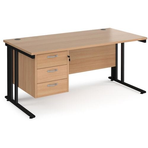 Rectangular Straight Desk Beech Wood Cable Managed Legs Black Maestro 25 1600 x 800 x 725mm 3 Drawer Pedestal