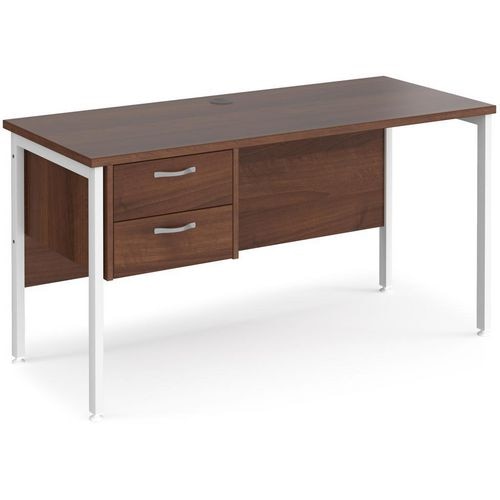 Rectangular Straight Desk Walnut Wood H-Frame Legs White Maestro 25 1400 x 600 x 725mm 2 Drawer Pedestal