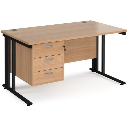 Rectangular Straight Desk Beech Wood Cable Managed Legs Black Maestro 25 1400 x 800 x 725mm 3 Drawer Pedestal