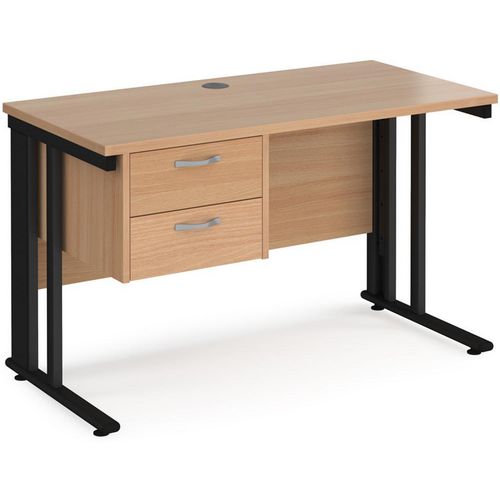 Rectangular Straight Desk Beech Wood Cable Managed Legs Black Maestro 25 1200 x 600 x 725mm 2 Drawer Pedestal