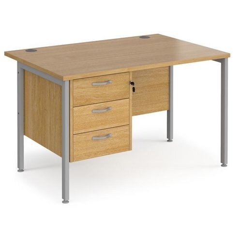 Rectangular Straight Desk Oak Wood H-Frame Legs Silver Maestro 25 1200 x 800 x 725mm 3 Drawer Pedestal