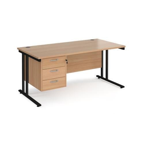 Rectangular Straight Desk with Cantilever Legs Beech Wood Black Maestro 25 1600 x 800 x 725mm 3 Drawer Pedestal