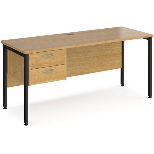 Rectangular Straight Desk Oak Wood H-Frame Legs Black Maestro 25 1600 x 600 x 725mm 2 Drawer Pedestal