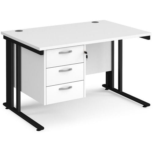 Rectangular Straight Desk White Wood Cable Managed Legs Black Maestro 25 1200 x 800 x 725mm 3 Drawer Pedestal