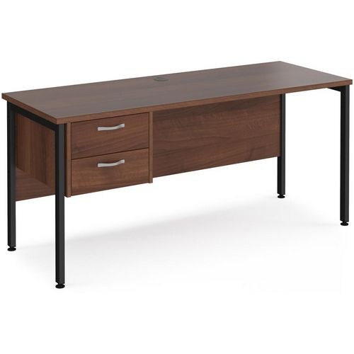 Rectangular Straight Desk Walnut Wood H-Frame Legs Black Maestro 25 1600 x 600 x 725mm 2 Drawer Pedestal