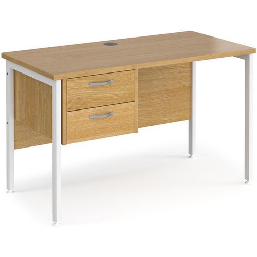 Rectangular Straight Desk Oak Wood H-Frame Legs White Maestro 25 1200 x 600 x 725mm 2 Drawer Pedestal