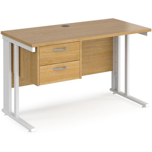 Rectangular Straight Desk Oak Wood Cable Managed Legs White Maestro 25 1200 x 600 x 725mm 2 Drawer Pedestal