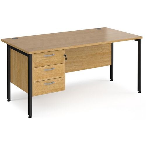 Rectangular Straight Desk Oak Wood H-Frame Legs Black Maestro 25 1600 x 800 x 725mm 3 Drawer Pedestal