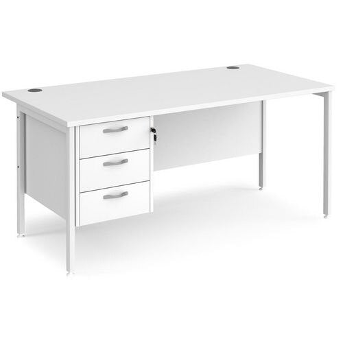 Rectangular Straight Desk White Wood H-Frame Legs White Maestro 25 1600 x 800 x 725mm 3 Drawer Pedestal