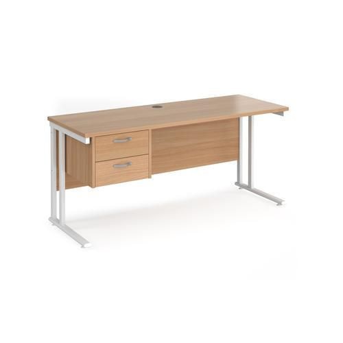 Rectangular Straight Desk with Cantilever Legs and 2 Drawer Pedestal Beech Wood White Maestro 25 1600 x 600 x 725mm