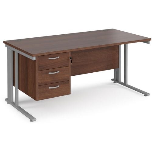 Rectangular Straight Desk Walnut Wood Cable Managed Legs Silver Maestro 25 1600 x 800 x 725mm 3 Drawer Pedestal