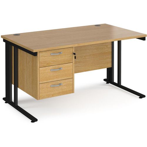 Rectangular Straight Desk Oak Wood Cable Managed Legs Black Maestro 25 1400 x 800 x 725mm 3 Drawer Pedestal