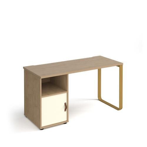 Rectangular Sleigh Frame Desk White Wood, Metal Sleigh Legs Brass Cairo 1400 x 600 x 730mm With cupboard