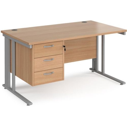 Rectangular Straight Desk Beech Wood Cantilever Legs Silver Maestro 25 1400 x 800 x 725mm 3 Drawer Pedestal