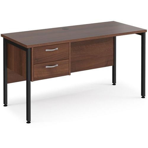 Rectangular Straight Desk Walnut Wood H-Frame Legs Black Maestro 25 1400 x 600 x 725mm 2 Drawer Pedestal