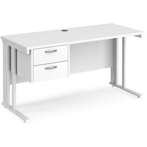 Rectangular Straight Desk White Wood Cable Managed Legs White Maestro 25 1400 x 600 x 725mm 2 Drawer Pedestal