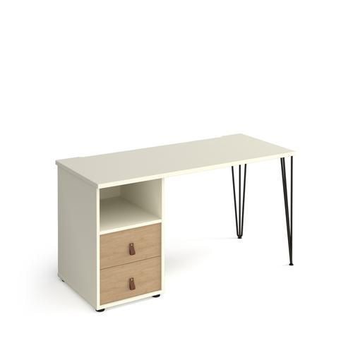 Rectangular Hairpin Desk White, Kendal Oak Drawers Wood/Metal Hairpin Legs Black Tikal 1400 x 600 x 730mm