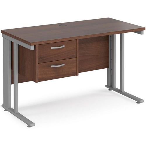 Rectangular Straight Desk Walnut Wood Cable Managed Legs Silver Maestro 25 1200 x 600 x 725mm 2 Drawer Pedestal