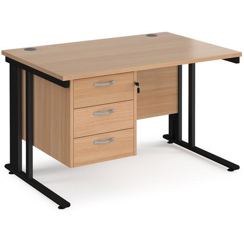 Rectangular Straight Desk Beech Wood Cable Managed Legs Black Maestro 25 1200 x 800 x 725mm 3 Drawer Pedestal