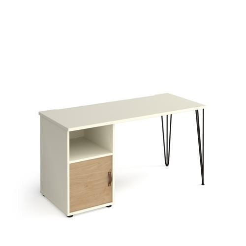 Rectangular Hairpin Desk White, Kendal Oak Door Wood/Metal Hairpin Legs Black Tikal 1400 x 600 x 730mm